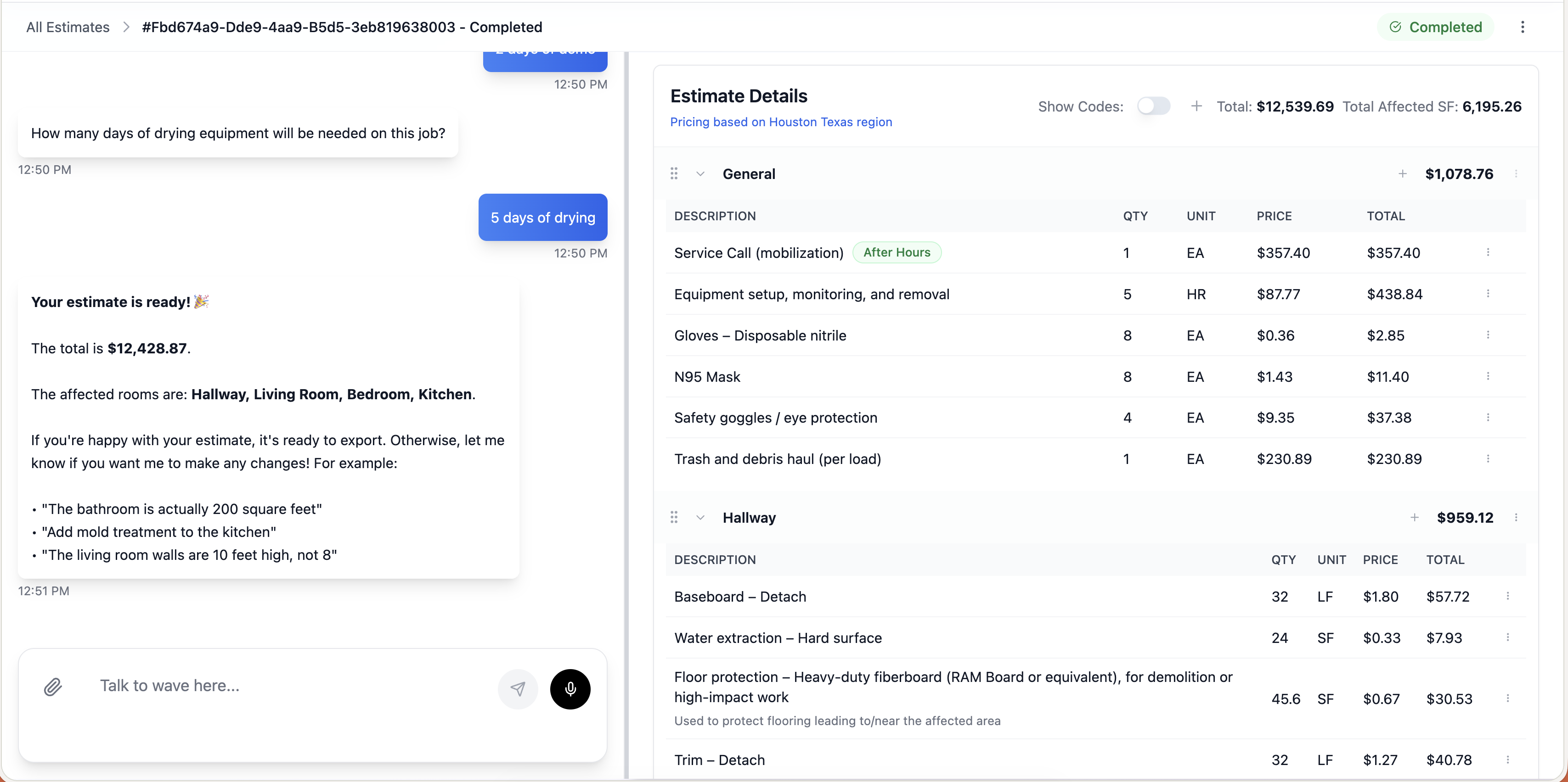 Wave app showing chat interface on left with AI conversation about property damage, and estimate details on right